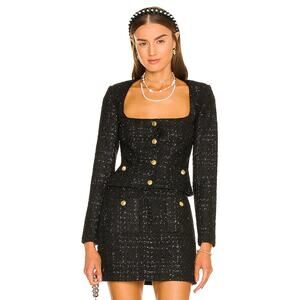Assignment Bianca Square Neck Tweed Blazer with Gold Buttons Black Women's XS